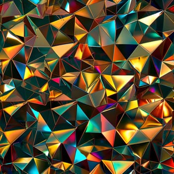 Seamless texture and full-frame background of colorful metallic mosaic triangular tiles. Neural network generated image. Not based on any actual scene or pattern.