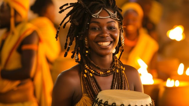 A woman with dreadlocks holding a drum in front of other people