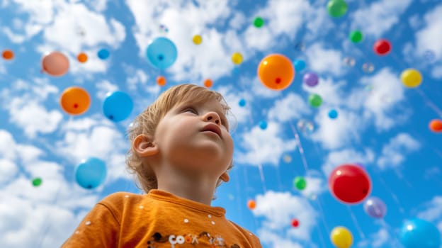 A child looking up at a sky full of balloons