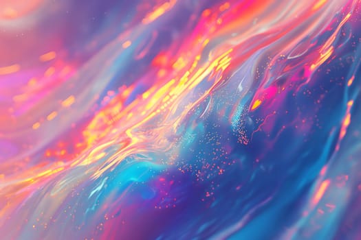 Colorful bright dreamy glittering holographic waves background and wallpaper. Neural network generated in January 2024. Not based on any actual scene or pattern.