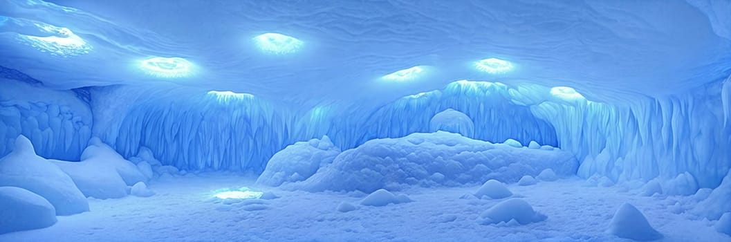 Ethereal ice cave illuminated by the soft glow of bioluminescent crystals, casting an eerie blue light. Generative AI