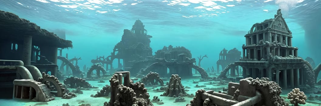 Discover the mystical depths of an Underwater Ruins. Submerged buildings, coral-covered columns, schools of exotic fish glide through the streets. Dive into the enchanting remnants of a lost city. Generative AI.