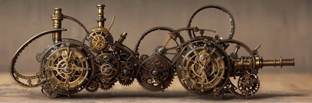 Steampunk Clockwork: An intricate mechanism blending gears, cogs, vintage brass elements, evoking Victorian-era technology. Think of a fusion between artistry functionality in a time-worn machine. Generative AI