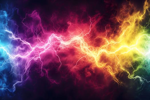 Colorful gradient bright and vibrant electric power discharges wallpaper and background. Neural network generated image. Not based on any actual scene or pattern.