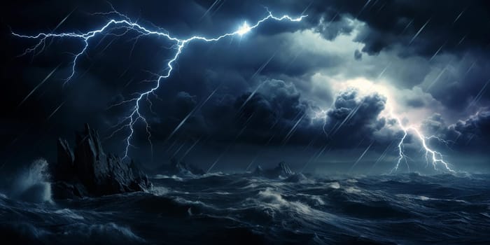 Stormy sea under dark clouds with lightning crashing waves. Turbulent waters reflect a sense of power and danger. Generative AI.