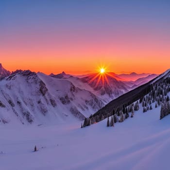 AI Generative Dawn over the snow capped mountains. Snowy mountain peak at dawn. Sunrise in mountains. Mountain sunrise landscape for your background and wallpaper