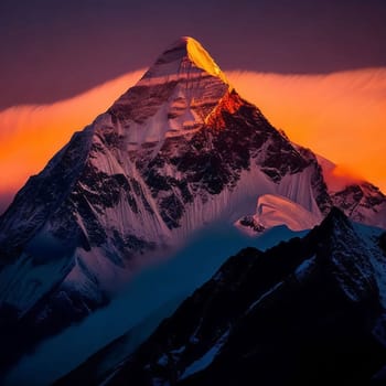 AI Generative Dawn over the snow capped mountains. Snowy mountain peak at dawn. Sunrise in mountains. Mountain sunrise landscape for your background and wallpaper