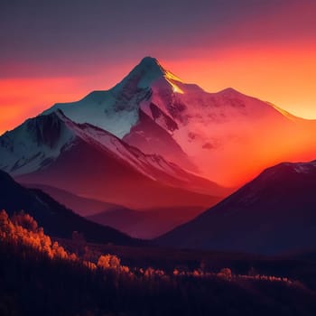 AI Generative Dawn over the snow capped mountains. Snowy mountain peak at dawn. Sunrise in mountains. Mountain sunrise landscape for your background and wallpaper