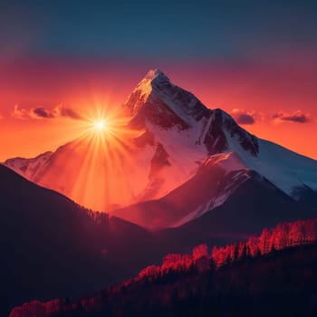 AI Generative Dawn over the snow capped mountains. Snowy mountain peak at dawn. Sunrise in mountains. Mountain sunrise landscape for your background and wallpaper