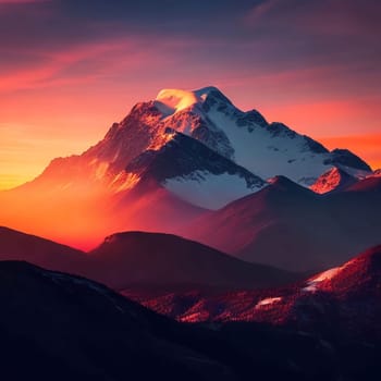 Dawn over the snow capped mountains. Snowy mountain peak at dawn. Sunrise in mountains. Mountain sunrise landscape for your background and wallpaper