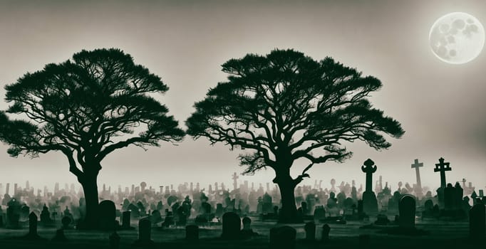 A hauntingly beautiful graveyard shrouded in mist, with weathered tombstones standing sentinel amidst gnarled trees and twisted branches reaching towards the moon.