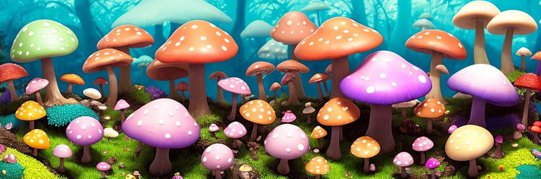 Immerse in a whimsical vibrant mushroom forest Oversized fungi of varied hues paint a surreal, otherworldly scene
