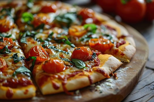 Large vegetarian pizza with cherry tomatoes and herbs on a wooden tray.