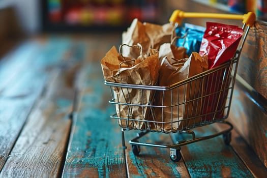 Metal cart on wheels with craft bags inside. Shopping concept.