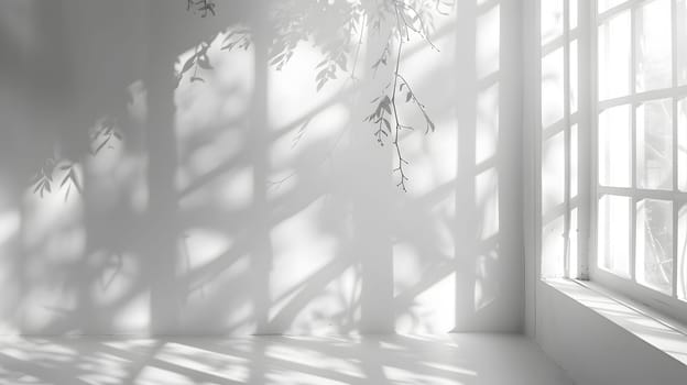 A monochrome white room with a window casting shadows of twigs on the grey walls, creating a blackandwhite monochrome photography effect