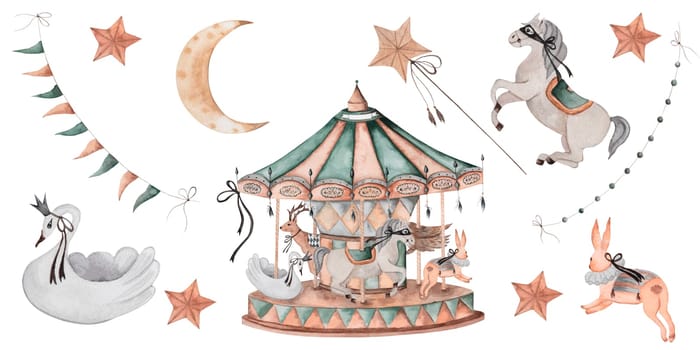 Vintage carousel set. Merry-go-round in retro style on isolated white background, hand drawing. Horse, swan, bunny and deer toy circus animals. Garland, stars and lunar month. For designing cards and decorating baby showers and children's rooms