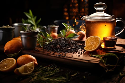 Tea ceremony, teapot and cups, nature morning light background