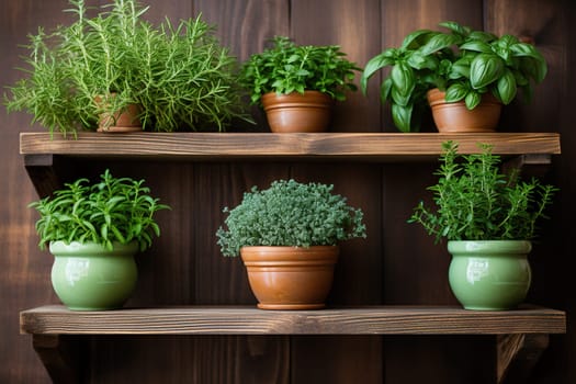 Basil, rosemary, thyme in old pots on a wooden shelf.