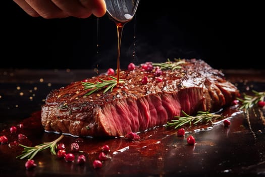 Grilled steak with lingonberry sauce and rosemary.