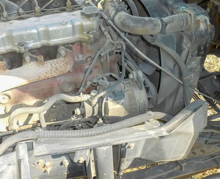 Diesel truck engine or truck engine with copy space for text. Metallic background of the internal diesel truck engine or car engine.