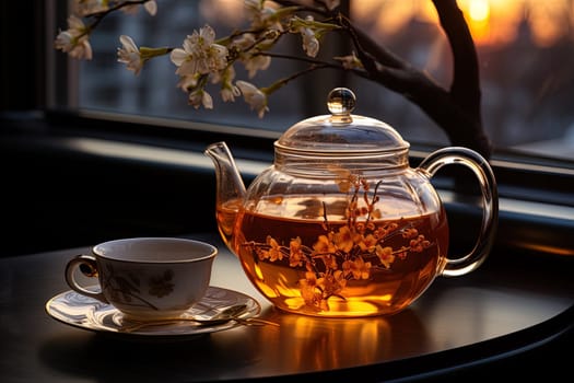 Tea ceremony, teapot and cups, nature morning light background