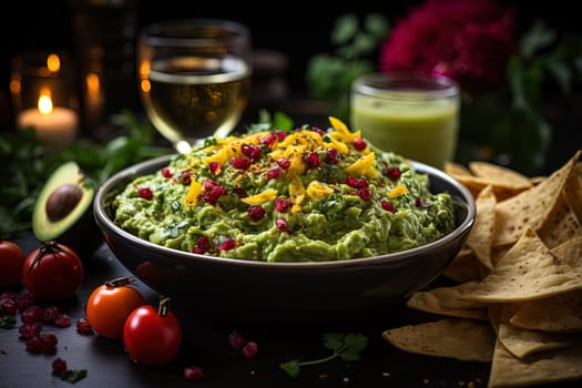 Traditional guacamole sauce on set table illustration