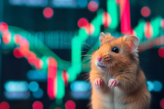 Hamster in front of blurry trading charts, novice in stock exchange and asset market concept. Neural network generated image. Not based on any actual scene or pattern.