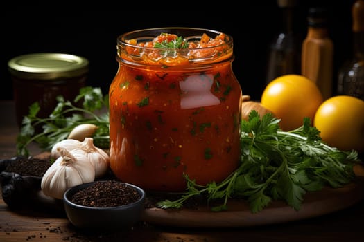 Tomato sauce with specialists. Table with jar of tomato paste served and richly painted illustration