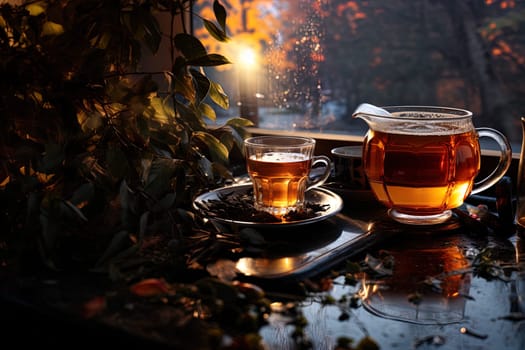 Tea ceremony, teapot and cups, nature morning light background