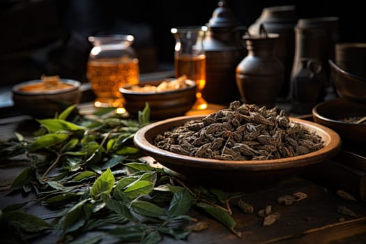 Dried tea leaves on background of decorated decorated wooden table illustration