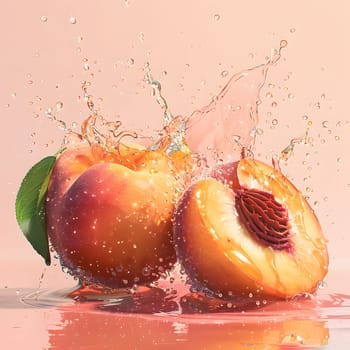 A peach, a natural food and ingredient in cuisine, is being splashed with water on a pink background, highlighting its freshness and juiciness