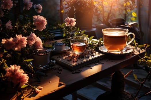 Tea ceremony, teapot and cups, nature morning light background