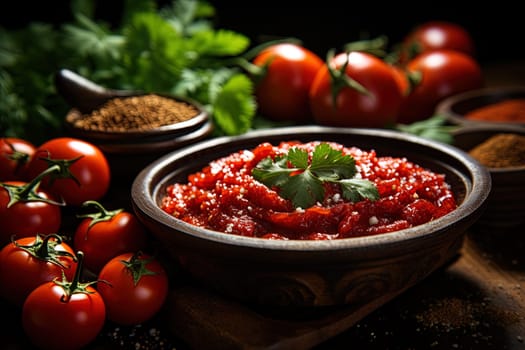 Tomato sauce with specialists. Table with jar of tomato paste served and richly painted illustration