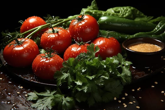 Tomato sauce with specialists. Table with jar of tomato paste served and richly painted illustration