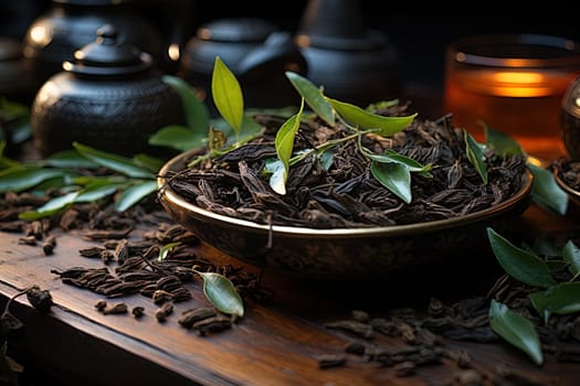 Dried tea leaves on background of decorated decorated wooden table illustration