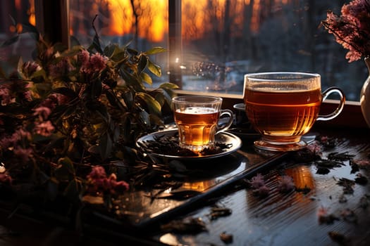 Tea ceremony, teapot and cups, nature morning light background