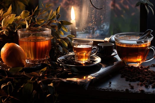 Tea ceremony, teapot and cups, nature morning light background