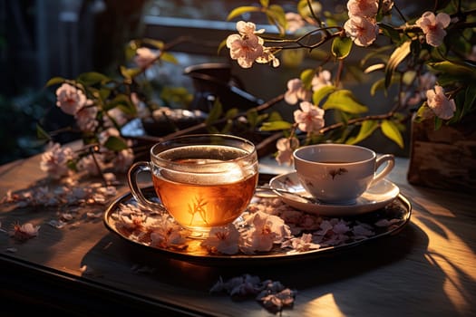 Tea ceremony, teapot and cups, nature morning light background