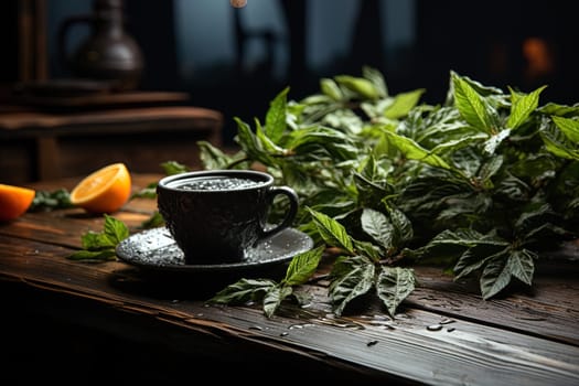 Dried tea leaves on background of decorated decorated wooden table illustration