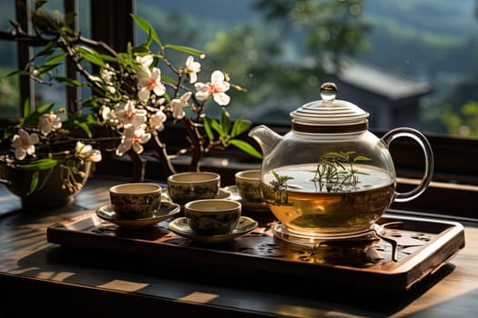 Tea ceremony, teapot and cups, nature morning light background