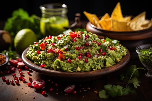 Traditional guacamole sauce on set table illustration