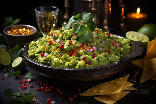 Traditional guacamole sauce on set table illustration