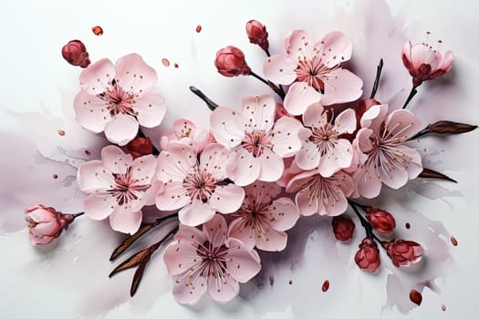 watercolor sakura flowers on a white, aesthetic background. Ai generative art