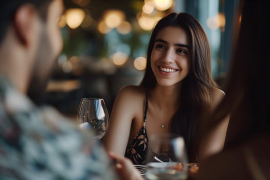 Smiling young adult woman dating with young adult man at the restaurant. Neural network generated image. Not based on any actual scene or pattern.