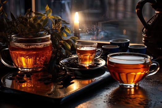 Tea ceremony, teapot and cups, nature morning light background