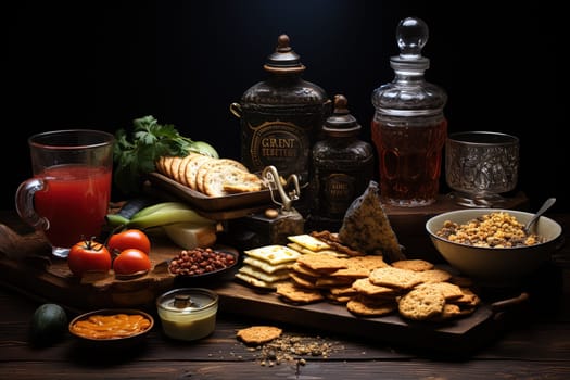 Richly decorated table with variety of appearances. Table with snacks and delicacies illustration