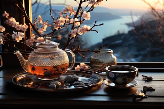 Tea ceremony, teapot and cups, nature morning light background