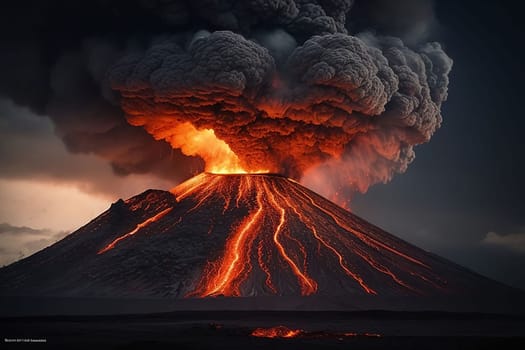 volcano eruption with massive high bursts of lava and hot clouds soaring high into the sky, pyroclastic flow in asia krakatoa AI Generative, krakatoa