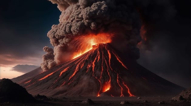 volcano eruption with massive high bursts of lava and hot clouds soaring high into the sky, pyroclastic flow in asia krakatoa AI Generative, krakatoa