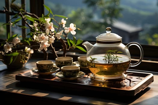 Tea ceremony, teapot and cups, nature morning light background